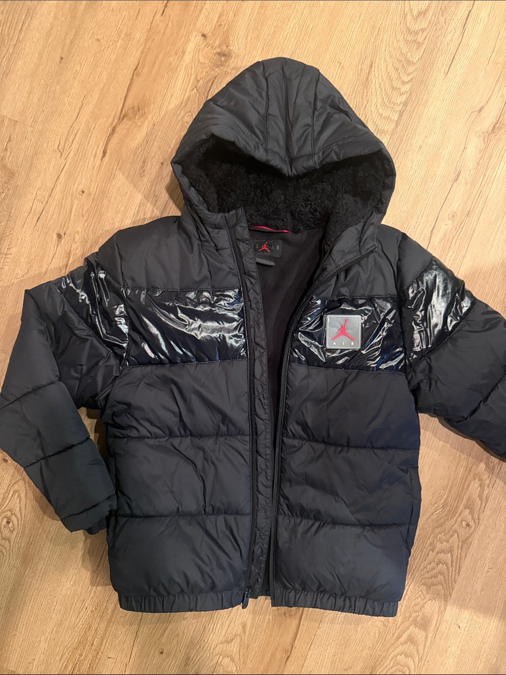 Jordan Kids Black Puffer Jacket with Shiny Chest Panels
